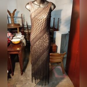 90s Harlow Black Crochet Over Nude Maxi Gown Flapper Style